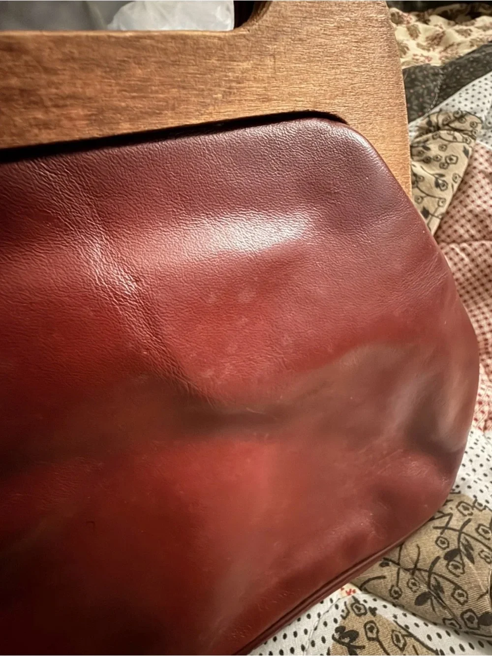 Vintage Etienne Aigner Oxblood Leather Clutch with Wooden Handles.
